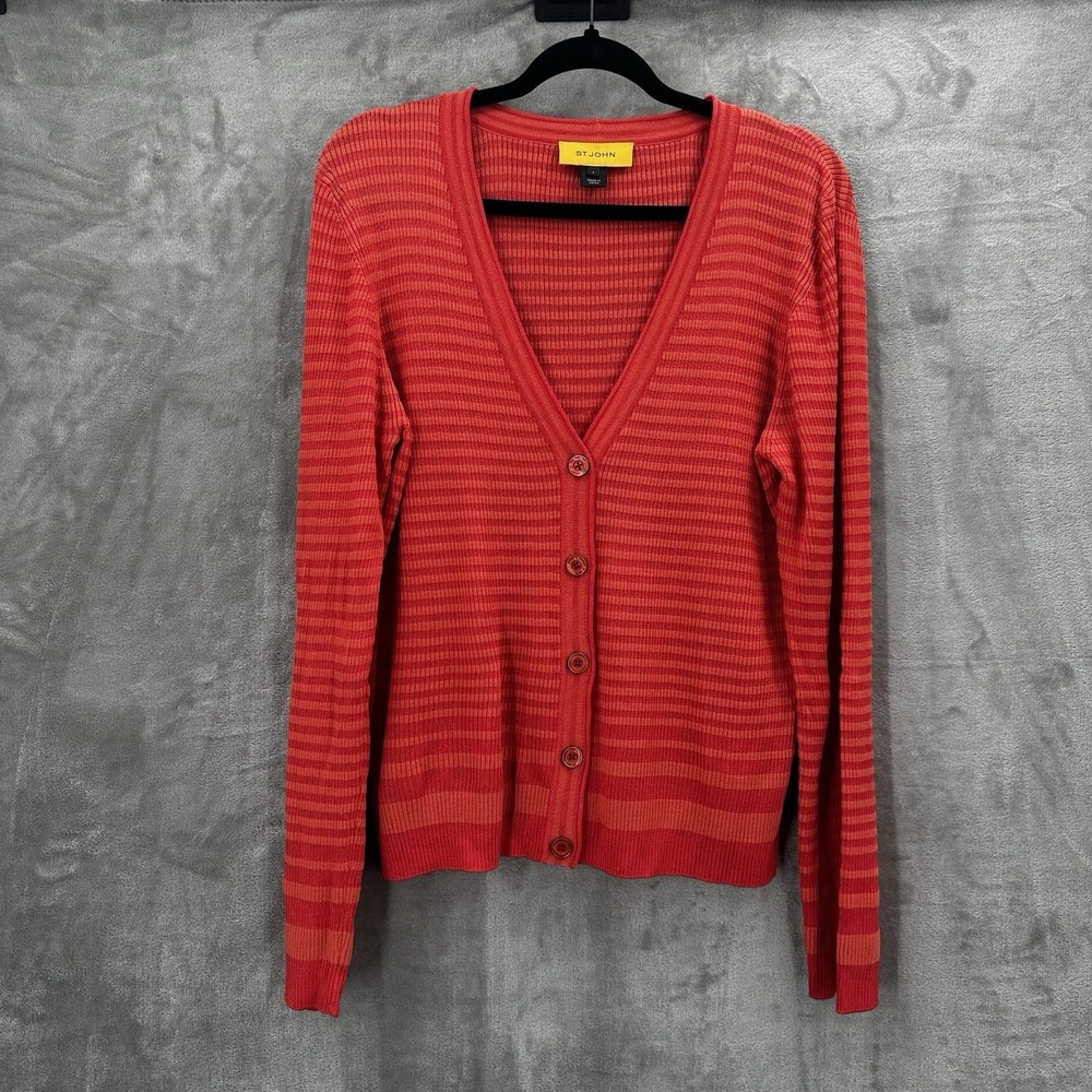 St John Cardigan Sweater Womens Large Red‎ Orange Ribbed Button Career Wool